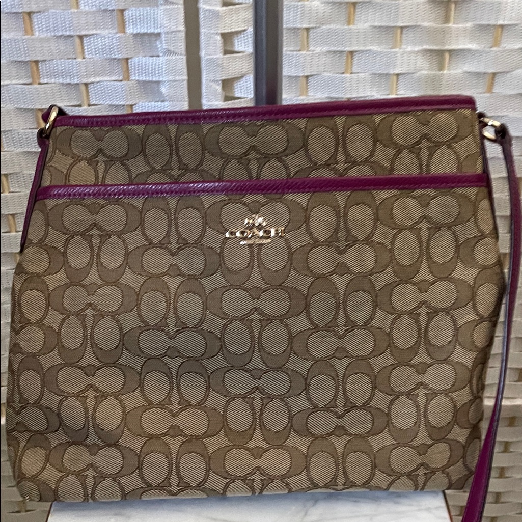 Coach Tan And Purple Signature Crossbody Bag